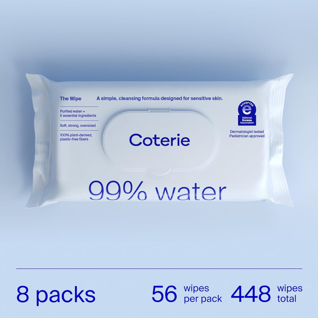 Coterie Baby Wipes, 8 Pack, 448 Count, Unscented Wipes, 99% Purified Water, Plastic-Free & Plant-Derived Fibers, Fragrance Free Hypoallergenic Sensitive Skin Baby Essentials, Clean Ingredients