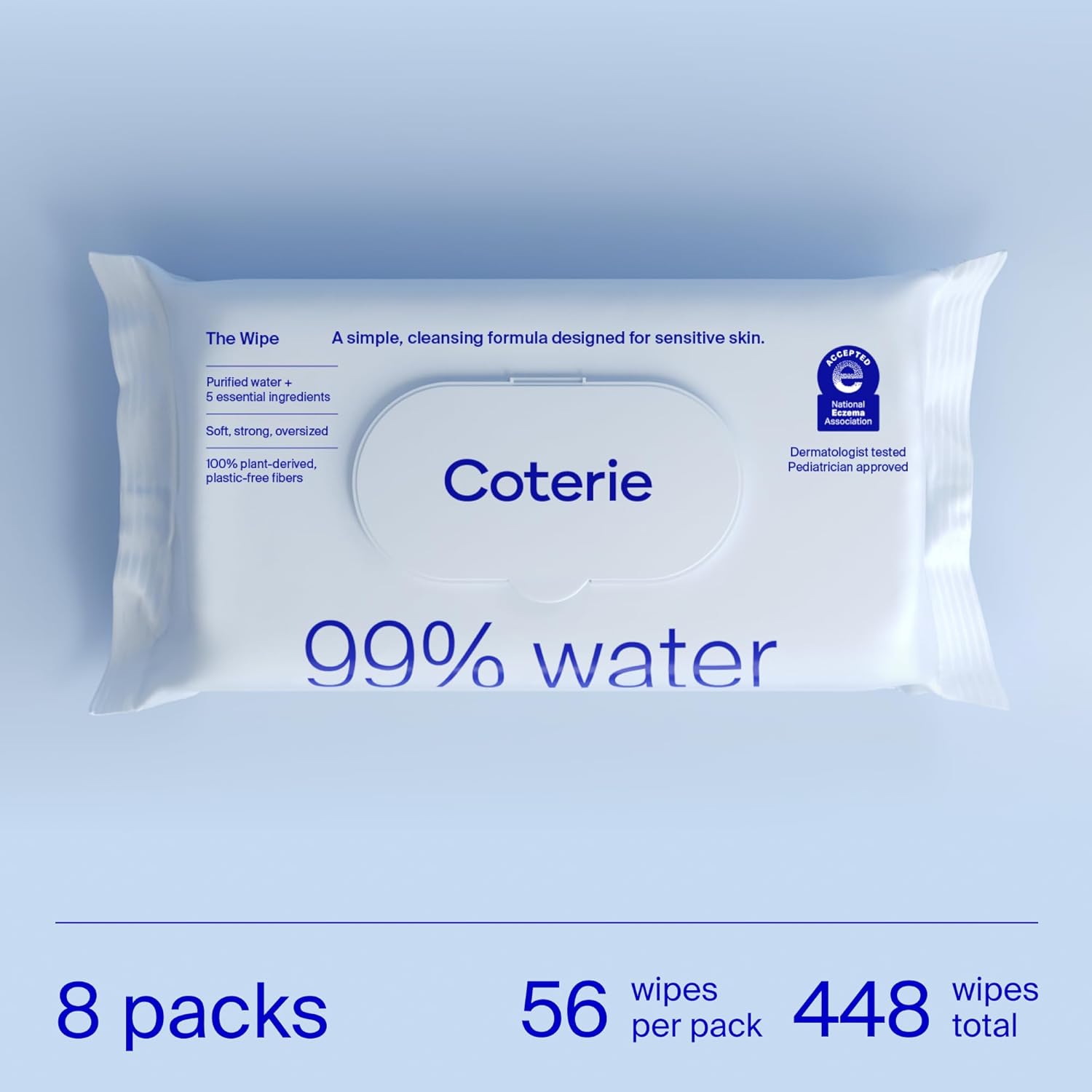 Coterie Baby Wipes, 8 Pack, 448 Count, Unscented Wipes, 99% Purified Water, Plastic-Free & Plant-Derived Fibers, Fragrance Free Hypoallergenic Sensitive Skin Baby Essentials, Clean Ingredients