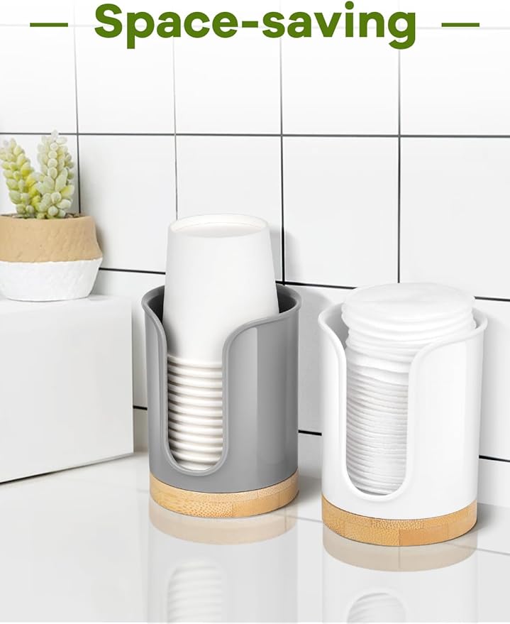 Bathroom Cup Holder - Small Cup Dispenser for Dixie 3 oz Bathroom Cups, 3 4 Ounce Mouthwash Cup Dispenser - PC/Bamboo, Grey, Pack of 2