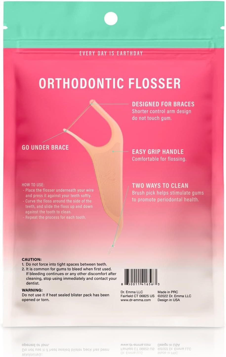 Dr. Emma Orthodontic Flossers for Braces, Ortho Dental Floss Picks, Mint Flavor 60 Count/Bag, Pink, 1 Pack
