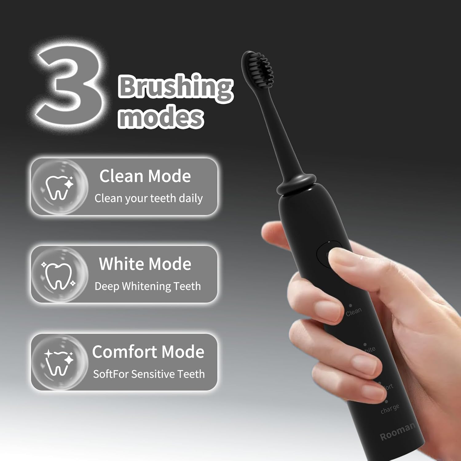 Rooman Oscillation&Vibration Sonic Electric Toothbrush for Adults, with 5 Brush Heads for Travel & Teeth Care, 20000 VPM, 3 Cleaning Modes, 2-Minute Timer, IPX7 Waterproof (Black)