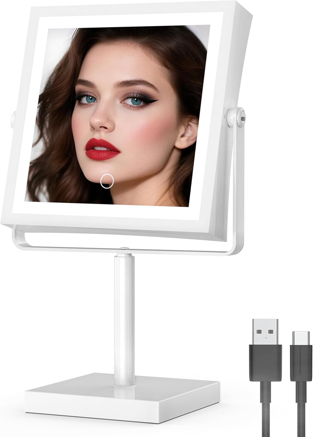 Ruacq Rechargeable Makeup Mirror, 4000mAh Lighted Makeup Mirror with Magnification 1X/10X, Height Adjustable Vanity Mirror with Lights, 3 Color Lights, Adjustable Brightness, 360°Rotation (White)