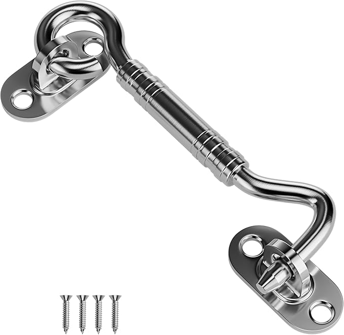 4'' Door Latch Door Lock Hardware, 4'' Stainless steels Hook and Eye Gate Latch Easy Lock for Barn Door, Silver Sliding Door Lock with Screws for Window, Cabin Hooks