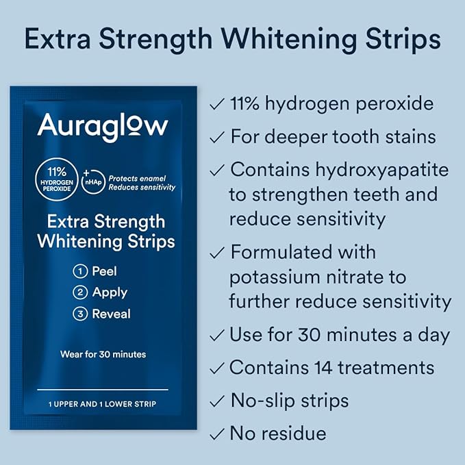 Auraglow Extra Strength Teeth Whitening Strips, Strong Whitening Strips, 14 Whitening Treatments, 11% Hydrogen Peroxide with Nano Hydroxyapatite to Reduce Sensitivity & Protect Enamel, 28 Strips, Mint