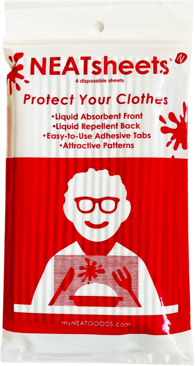 Disposable Bibs for Adults, Kids & Seniors | Adhesive Tab Napkins for Eating, Personal Use, Travel & Commuting | Spill Absorbent, Stain/Liquid Repellent | Blue Ticking 4 Count