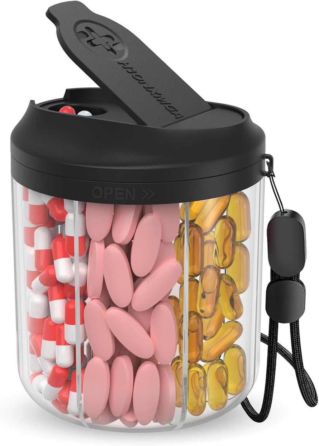 Pill Bottle Organizer with 7 Large Compartments, Pill Dispenser 4.4" H x 3.6" Dia for Travel, Supplement Organizer with Anti-Mixing Design, BPA-Free Pill Container with 20 Pcs Labels, Black