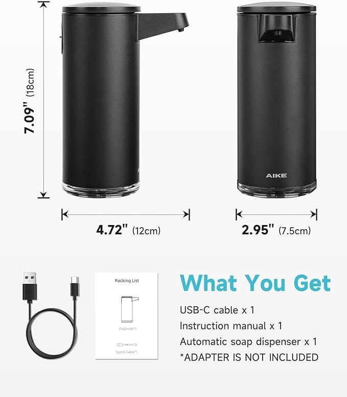 AIKE SensePro Automatic Soap Dispenser Type-C Rechargable, Stainless Matte Black Coating 12.8 fl.oz. for Liquid Soap