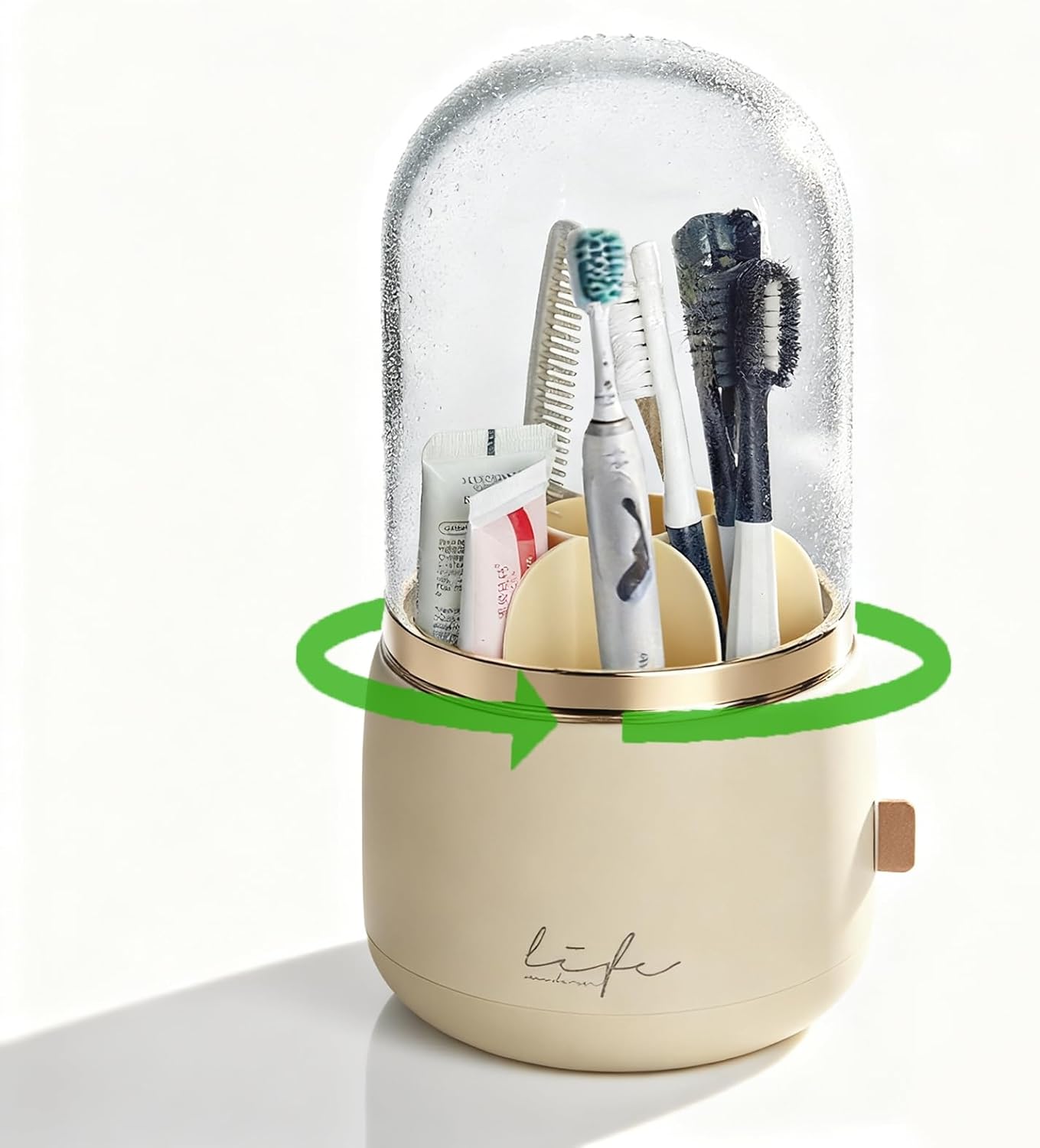 bubooo 360° Rotating Toothbrush Holder for Bathroom - Non-Slip Space-Saving 7-Slot with Cover & Drainage, Electric Toothbrushes/Toothpaste/Razor Organizer for Counter Vanity (beige)