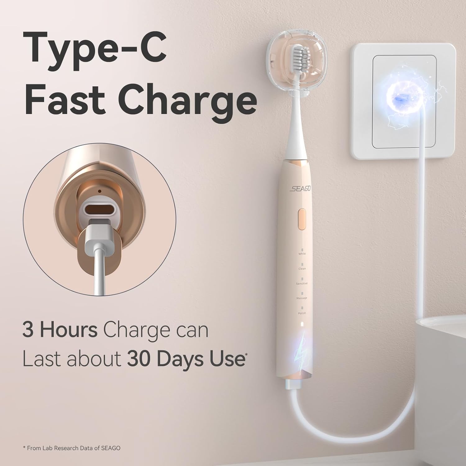 SEAGO Electric Toothbrush for Adults with Pressure Sensor, Sonic Toothbrushes Holder Wall Mounted, 60 Days Battery Life, 5 Cleaning Modes, 8 Replacement Heads, Timer & IPX7 Waterproof (Beige, Middle)