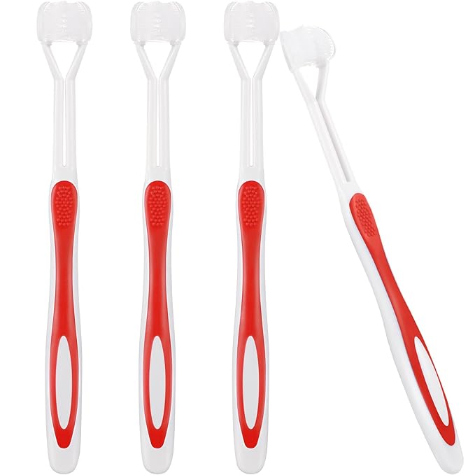 Boao 4 Pieces Toothbrush 3 Sided 7.1 Inch Autism Sensory Toothbrush 360 Degree Cleaning Travel Brush Complete Teeth Gum Care Angle Clean Tooth(Red)