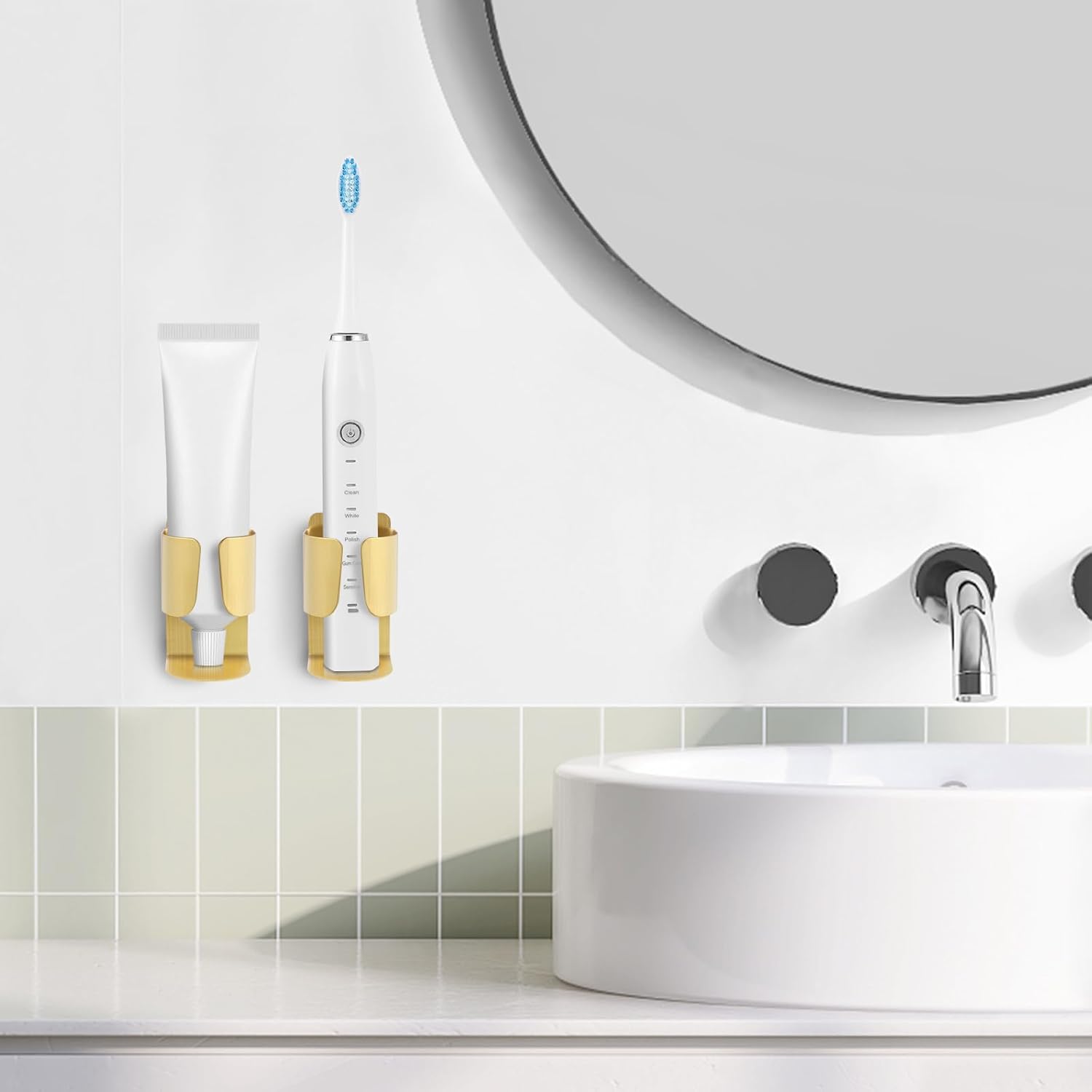 Electric Toothbrush Holder Wall Mount, 304 Stainless Steel Self-Adhesive Bathroom Organizer for Electric Toothbrush, Toothpaste & Face Wash-Space Saving, Waterproof, Holds Up to 10lbs (Golden 2 Pack)