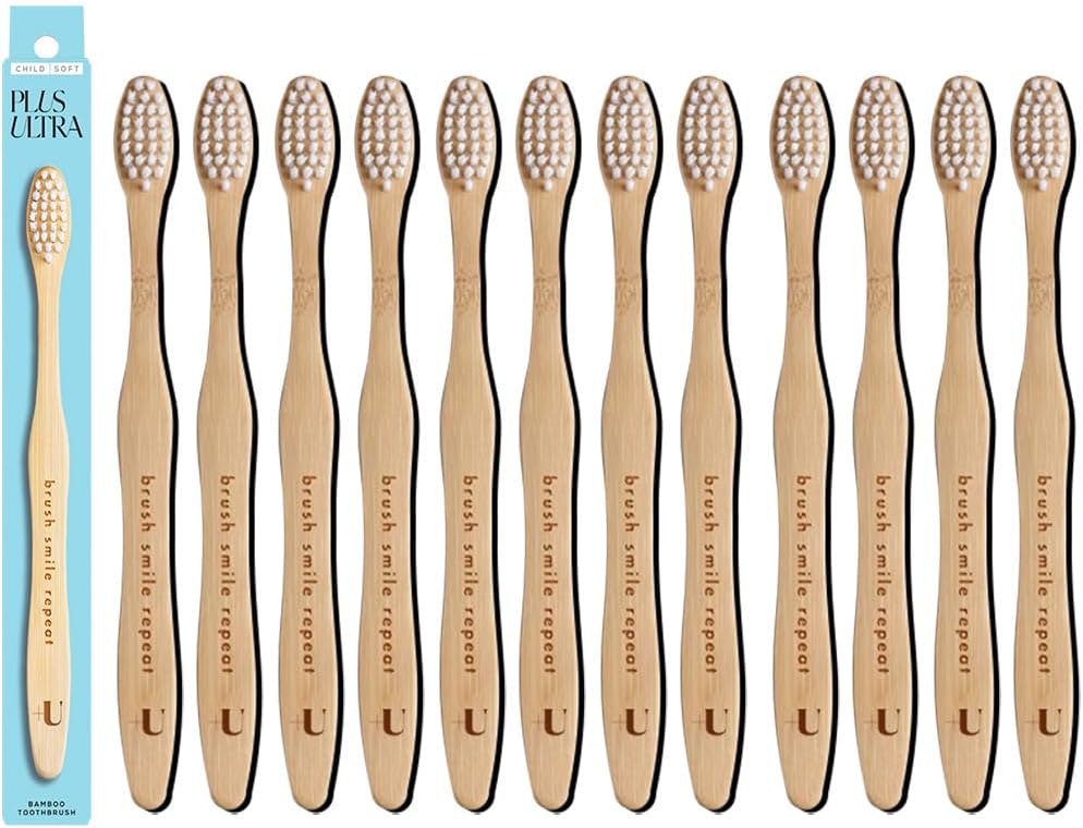 Kids Biodegradable and Eco-Friendly Bamboo Toothbrush 12-Pack - BPA Free Soft Bristle - Dentist-Approved and All-Natural with "Brush Smile Repeat" Etched on Handles by Plus Ultra