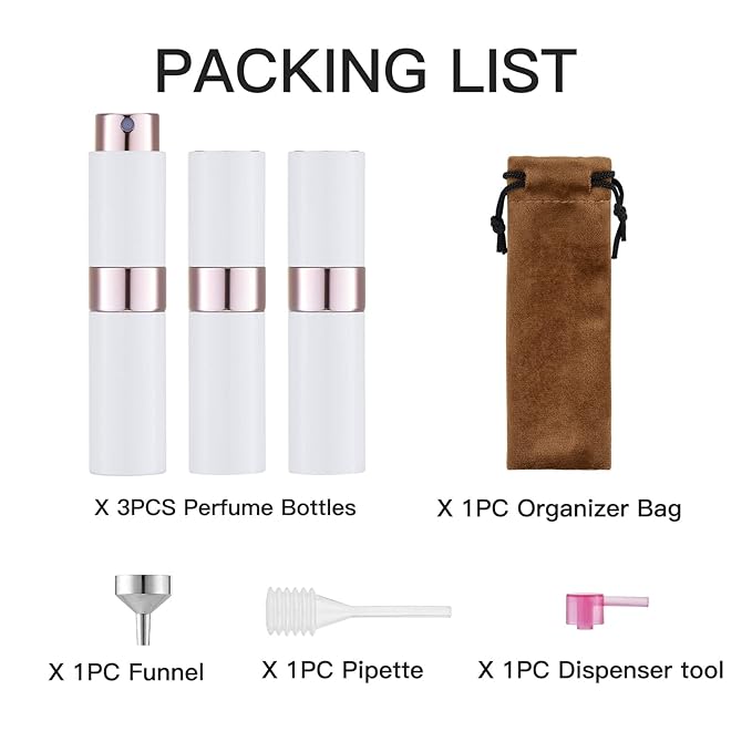 LISAPACK 8ML Atomizer Perfume Spray Bottle for Travel (3 PCS) Empty Cologne Dispenser, Portable Sprayer (White)