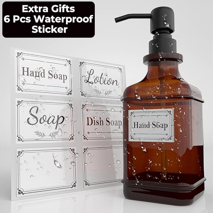 GLADPURE Soap Dispenser 2 Pack, Hand Soap Dispensers with 18 Oz Antique Design Thick Amber Glass Bottle, 316 Rust Proof Stainless Steel Black Pump, 6Pcs Stickers, for Lotion, Soap, Essential Oil