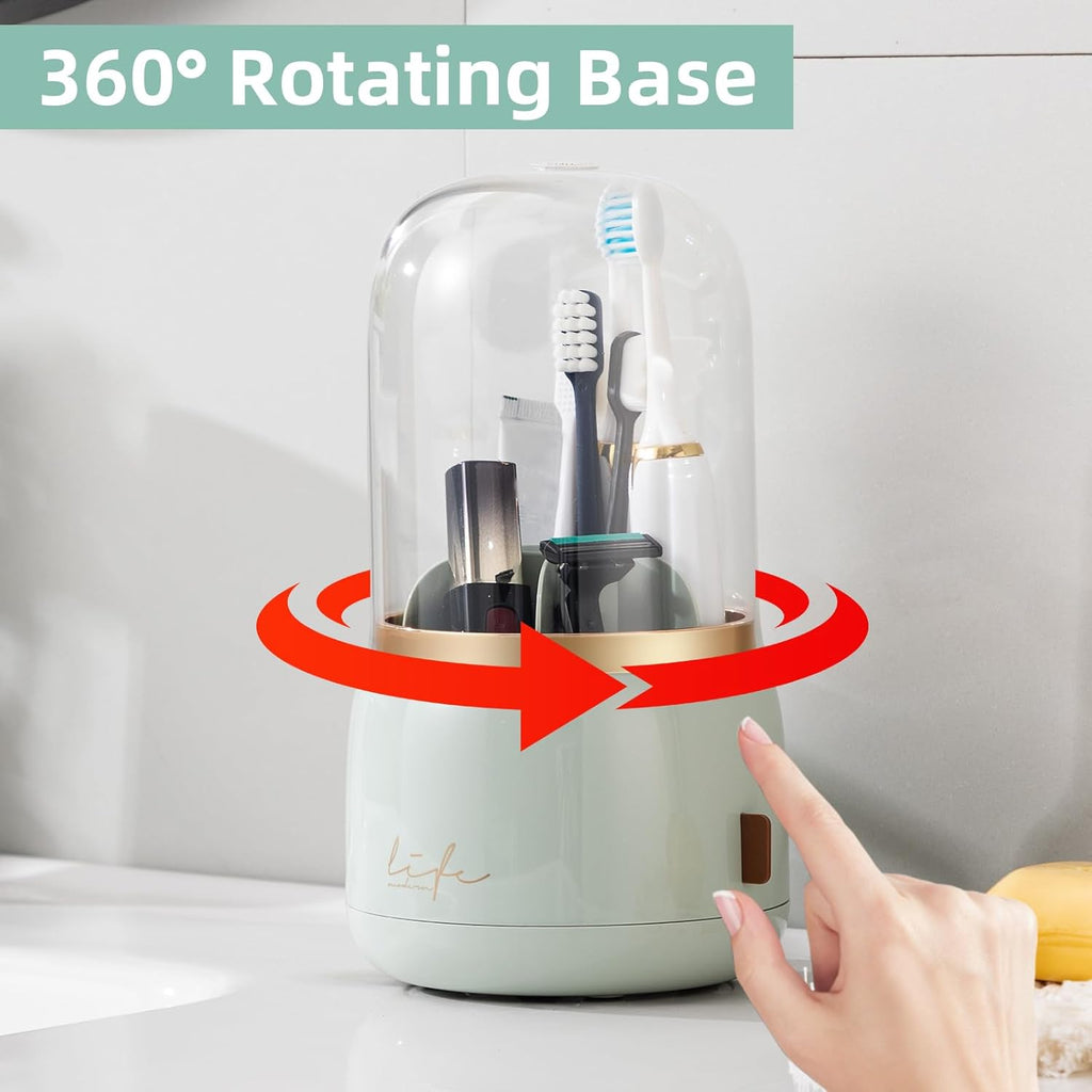 Toothbrush Holders for Bathrooms, Rotating 7 Slots Electric Toothbrush Holders with Cover, Countertop Toothpaste Organizers (Light Green)