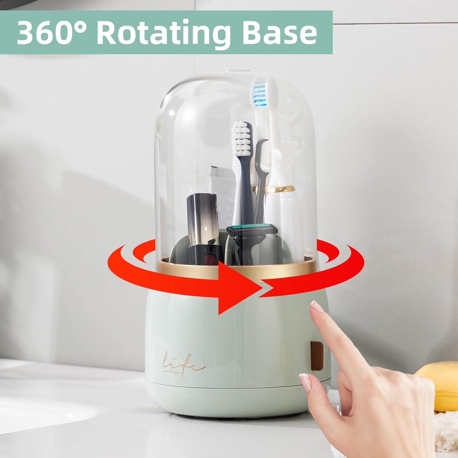 Toothbrush Holders for Bathrooms, Rotating 7 Slots Electric Toothbrush Holders with Cover, Countertop Toothpaste Organizers (Light Green)