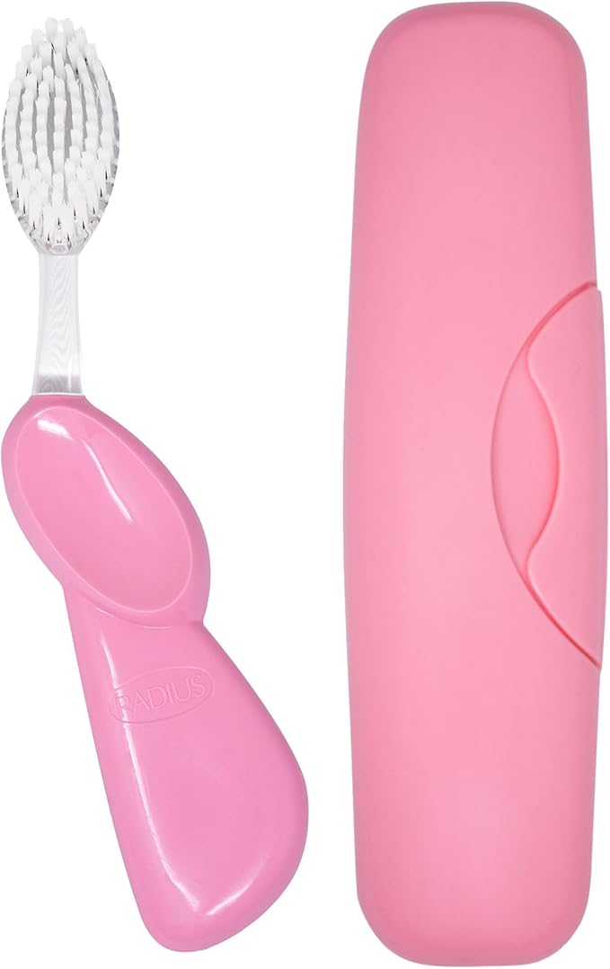 RADIUS Toothbrush Big Brush with Replaceable Brush Head BPA Free ADA Accepted - Right Hand - Pastel Pink Brush with Pastel Pink Case