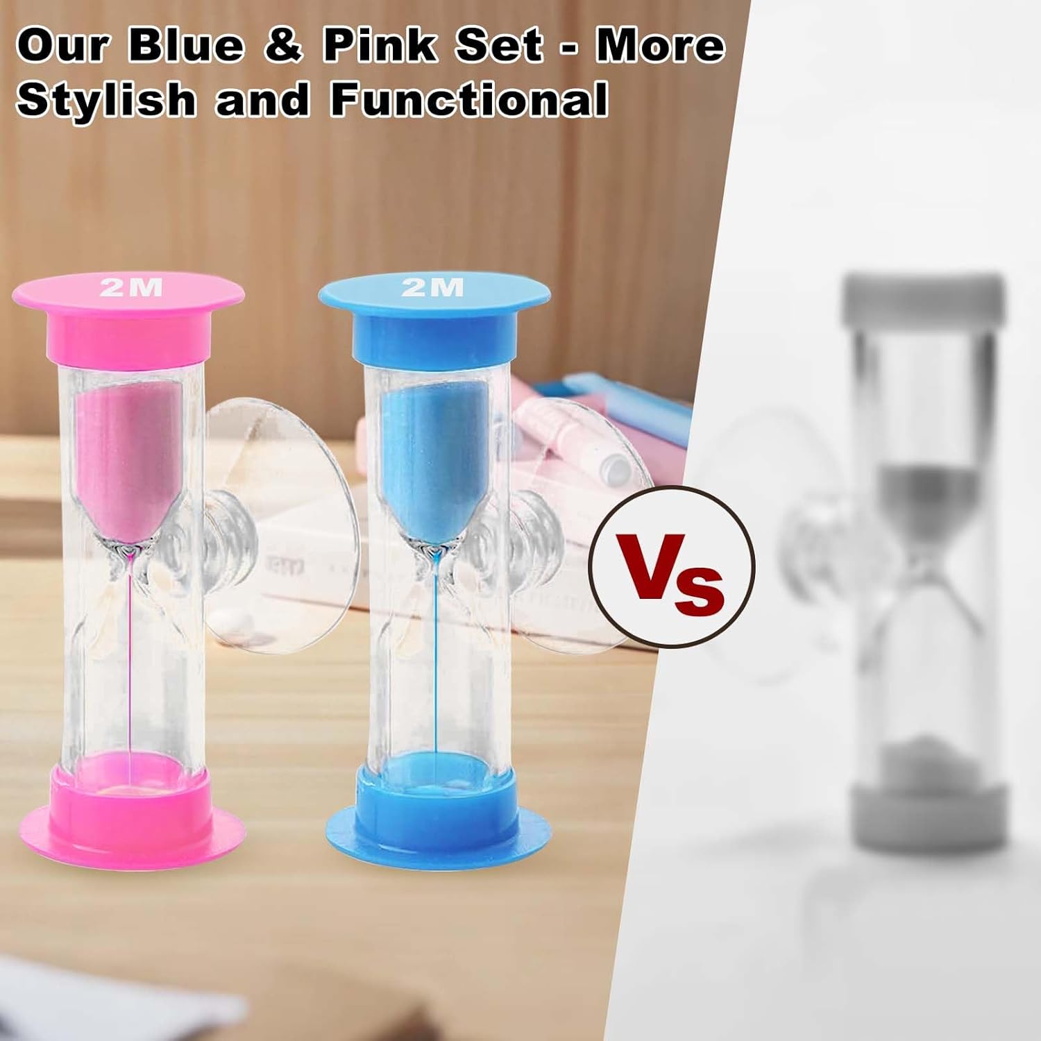 2 Minute Sand Timer with Sauction Cup, Small Blue and Pink Acrylic Hourglass Sand Clock Set, Plastic Glass Mini Sandglass for Classroom Games Kitchen (Pack of 2)