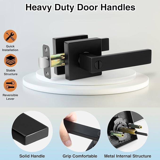 10 Pack Black Door Handle Interior Privacy Door Levers Set, Keyless Square Door Knob Lock for Bedroom or Bathroom, Heavy Duty Door Handles with Reversible Handle for Left Right Sided Doors