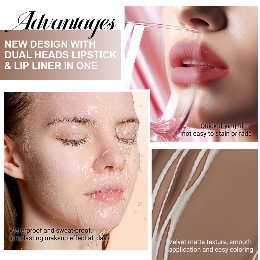 1Pcs 2 in 1 True Nude Matte Lip Liner and Liquid Lipstick Stain Makeup Set for women, True Nude Long Lasting Smudge Proof Lip Tint Matte Finish Lip Gloss for All-Day Color Hold Easy to Use 62#