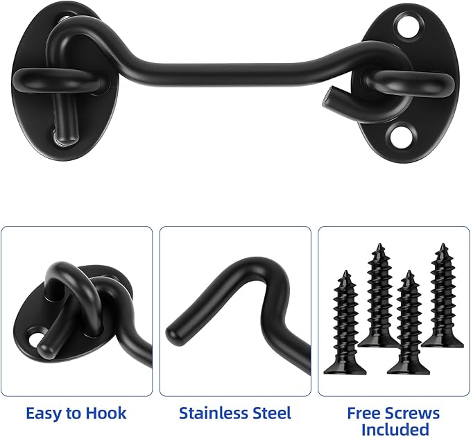 4" Black Stainless Steel Gate Latch, Barn Door Lock with Screws, Privacy Hook for Inside Door, Fence, Window, 2 PCS