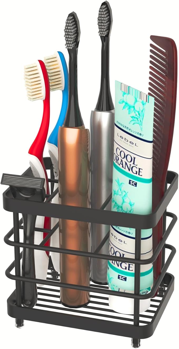 Toothbrush Holder - WHALCHI Stainless Steel Tooth Brush Toothpaste Holder for Bathrooms, Multi-Functional 5 Slots Bathroom Countertop Accessories Organizer, Black