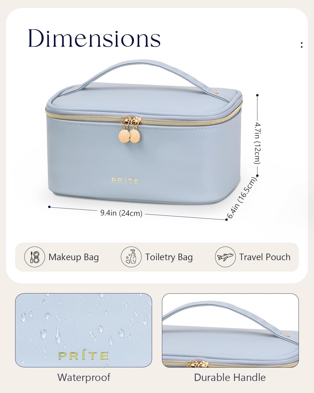 Prite Makeup Bag Portable Cosmetic Organizer with Brush Holder Waterproof Travel Toiletry Bag for Women with Handle and Divider (Blue)