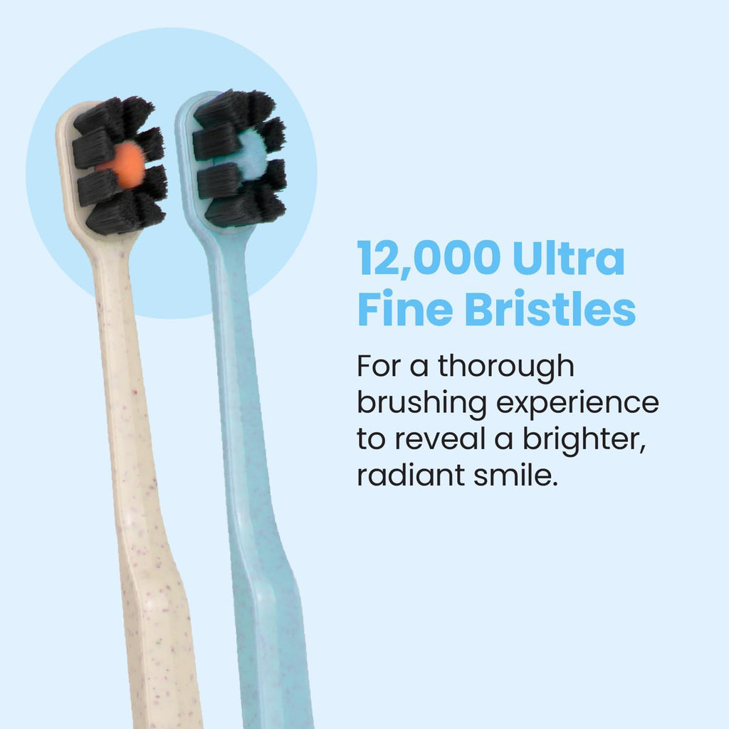 Lindo EcoCare Polishing Toothbrush - Charcoal Infused Bristles & Biodegradable Handle, for Sensitive Gums and Teeth, 12000+ Ultra Fine Charcoal Infused Bristles, Soft and Gentle, Pack of 4 (Blue)