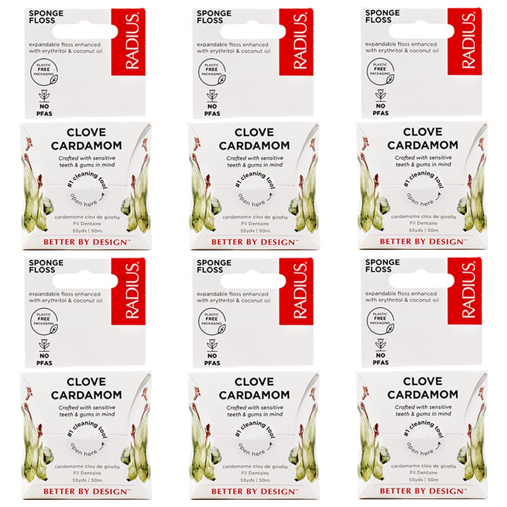 RADIUS Dental Floss, Sponge Floss, Clove Cardamom, 55 Yards, Vegan & Non-Toxic Oral Care Designed to Help Fight Plaque, Pack of 6