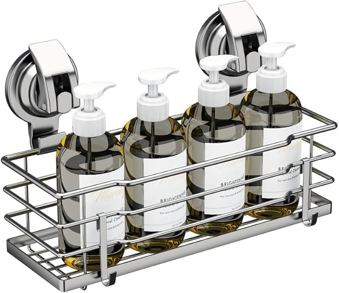 Suction Cup Shower Caddy, Shower Shelf Soap Dish with Hooks for Razor, Sponge, Rust Proof 304 Stainless Steel, Silver