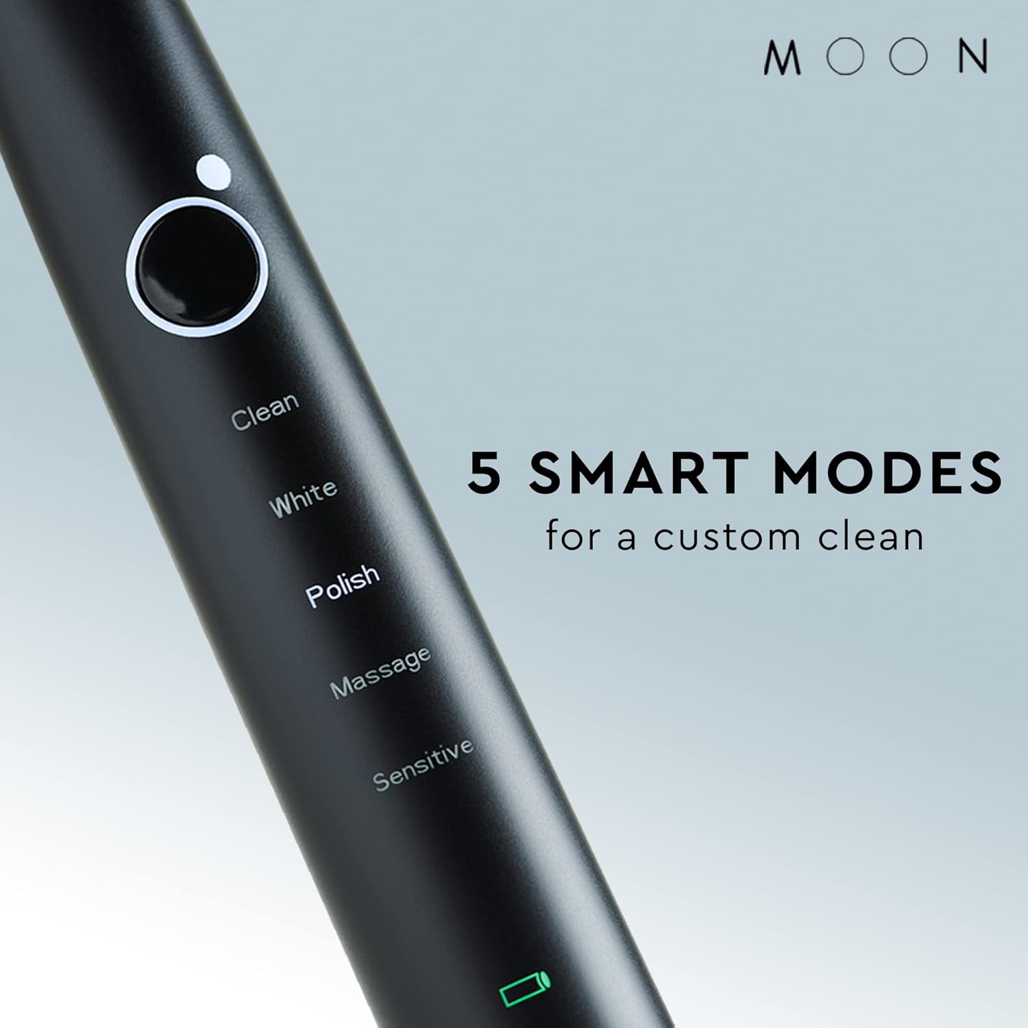 MOON Sonic Electric Toothbrush for Adults & Teens, Black, 5 Smart Modes, Clean, White, Massage, Polish & Sensitive, Rechargeable with Travel Case & 2 Brush Heads, Industry-Leading 6 Week Charge