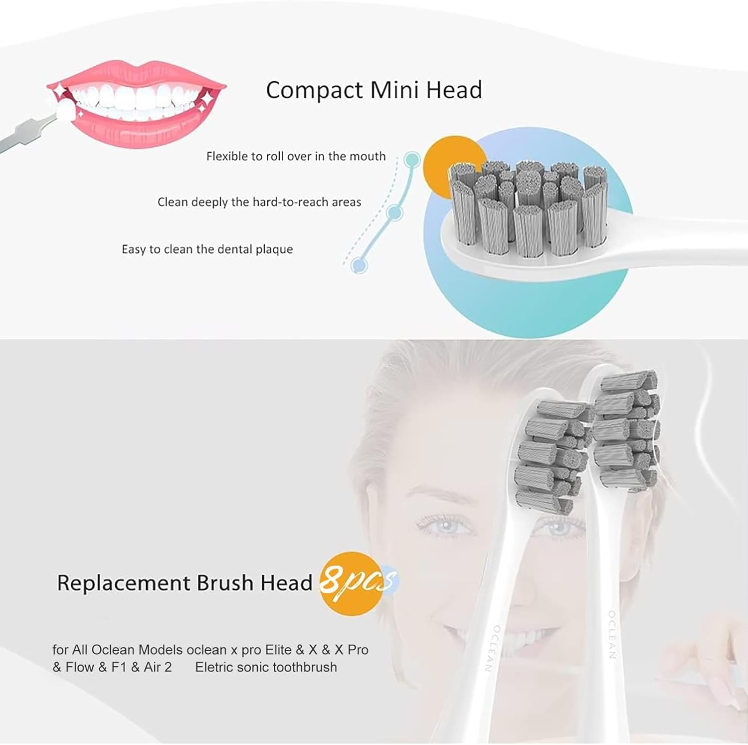 GTHUNDER 8Pcs Electric Toothbrush Heads Suitable for Oclean.with Hygienic Caps,Vacuum-Packed.Fits Adapted for All Oclean Models x pro Elite, X, X Pro,Flow,F1,Air 2(Grey)