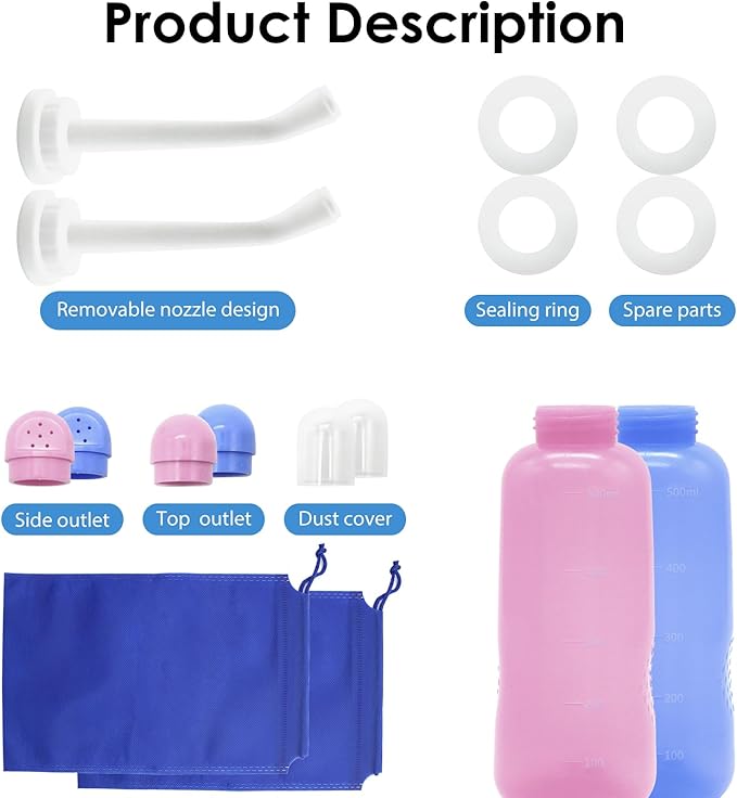 RUFCRIL Peri Bottle, 2-Pack Portable Travel Bidet with Bag, TPE Material Can Be Boiled, 17oz/500ml with 2 Sealing Rings,Essentials for Postpartum Perineal Care,Hemorrhoid Treatment,and Baby(Pink/Blue)