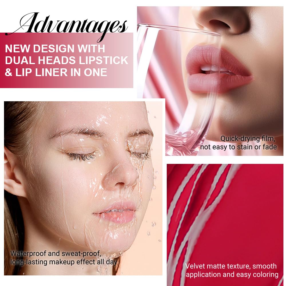 1Pcs 2 in 1 Ruby Red Matte Lip Liner and Liquid Lipstick Stain Makeup Set for women, Ruby Red Long Lasting Smudge Proof Lip Tint Matte Finish Lip Gloss for All-Day Color Hold Easy to Use 58#