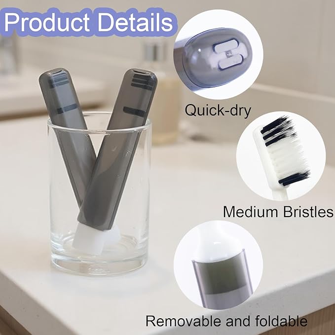 8Pcs Foldable Travel Toothbrush Set with Case, Soft Bristles Mini Compact Portable Folding Toothbrush, Individually Wrapped Small Toiletry Essential for Camping Trips (Black)