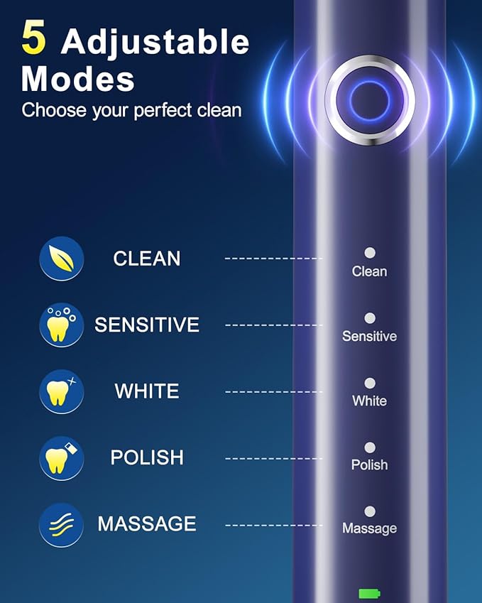 Rtauys Rotating Electric Toothbrush for Adults with 8 Brush Heads (2 Types), 5 Modes Rechargeable Power Toothbrush with Travel Case and 2 Minute Smrte Timer