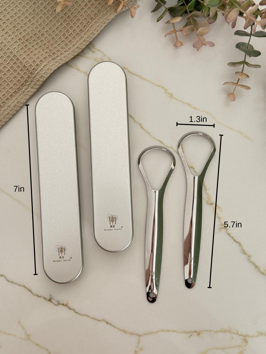 Me Mother Earth 2 pack Stainless Steel Tongue Scraper for Adults with 2 Metal Travel Cases – Durable Metal Cleaner for Oral Care, Fresh Breath, and Eco-Friendly Dental Care