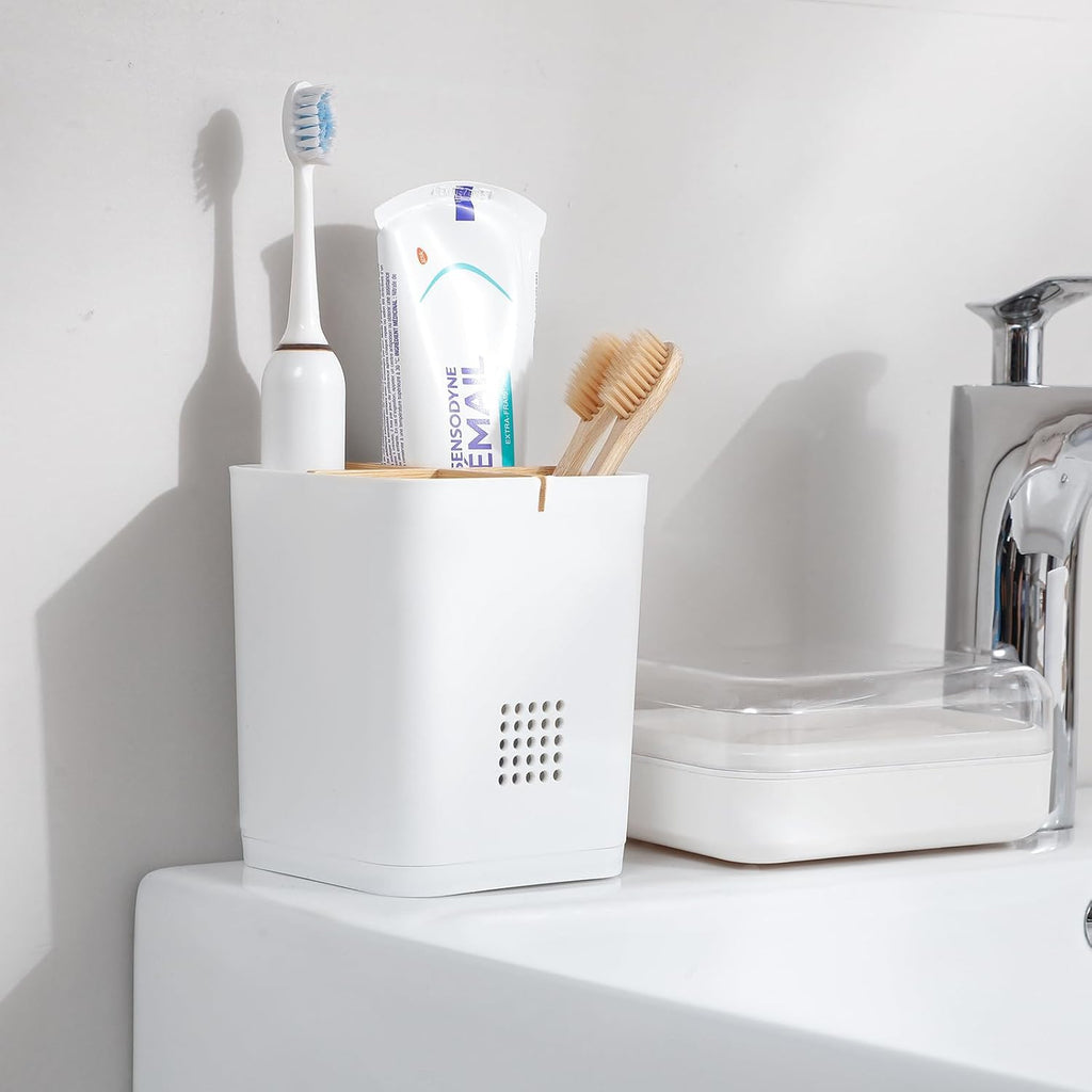 Toothbrush Holders Drainage for Bathrooms, 4 Slots Tooth Brushing Holder with Bamboo Dividers Plastic Electric Toothbrush and Toothpaste Caddy Organizer for Sink, Counter, Shower, Vanity, White