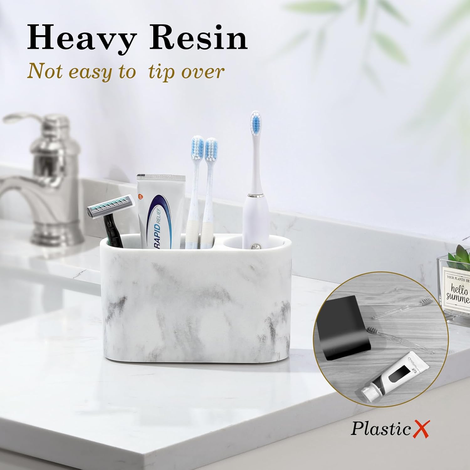 Luxspire Toothbrush Holder, 2 Slots Toothbrush and Toothpaste Holdersfor Bathrooms, Resin Toothbrush Holder Electric Toothbrush Stand for Vanity Countertop, Bathroom Accessories, Gravel White