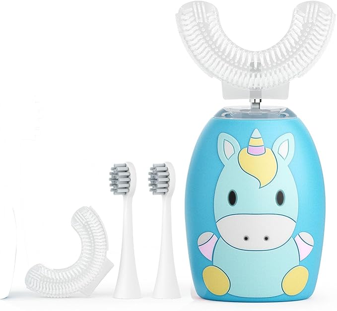 Kids U Shaped Electric Toothbrush 4 Brush Heads, Automatic Sonic Toothbrush Kids 2 Modes, Cartoon Design 360-Degree Cleaning IPX7 Waterproof
