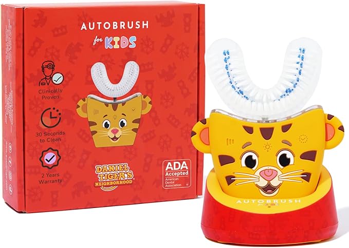 autobrush Kids Electric Toothbrush – Only ADA Accepted U-Shaped Toothbrush, Clinically Proven Up to 5.1X Better Cleaning, 30 Seconds, Full-Mouth 360 Coverage, LED Lights, Music, Ages 6-8, Daniel Tiger