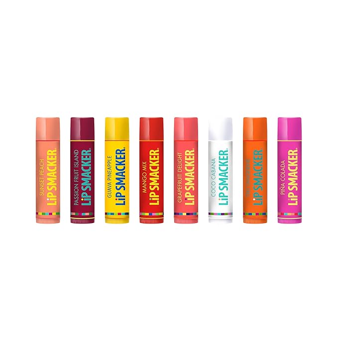 Lip Smacker Flavored Lip Balm Tropic Fever 8 Count (Pack of 1), Passion Fruit, Peach, Breezey-Teazey, Pina Colada, Grapefruit, Coca Cabana, Tangerine, Mango, Clear