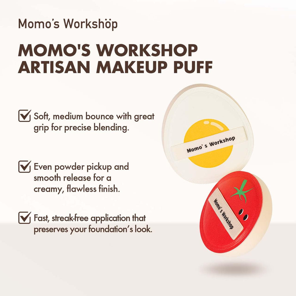 Momo’s Workshop Sun Egg Makeup Sponge Puff & Tomato Makeup Sponge Set - 2PC Medium Bounce Rubycell Foundation Puffs for Creamy Finish, Quick Blending, Comfortable for All Skin Types & Storage Case