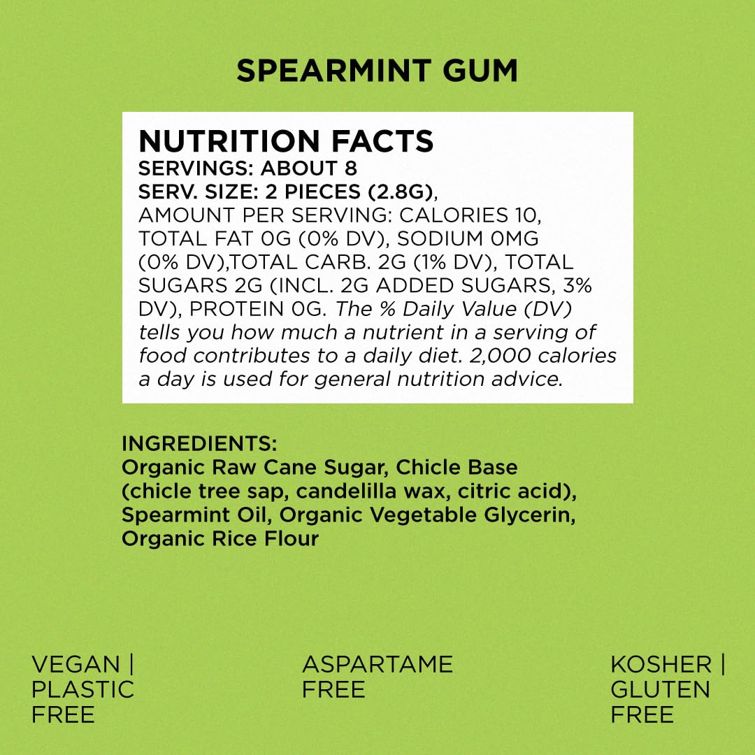 SIMPLY Gum Spearmint, Plastic-Free Natural Chewing Gum, 6 Pack (90 Pieces) | Vegan, Kosher, Non GMO, Aspartame Free and Sorbitol Free