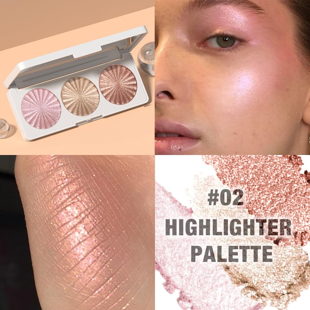 Pink Pearl Golden Champagne Bronze Rose Shimmer Glitter Highlighter Highlight Makeup Contour Powder,Glitter Face Illuminator Highlighter, Illuminator Make Up (Sunset Radiance Trio)