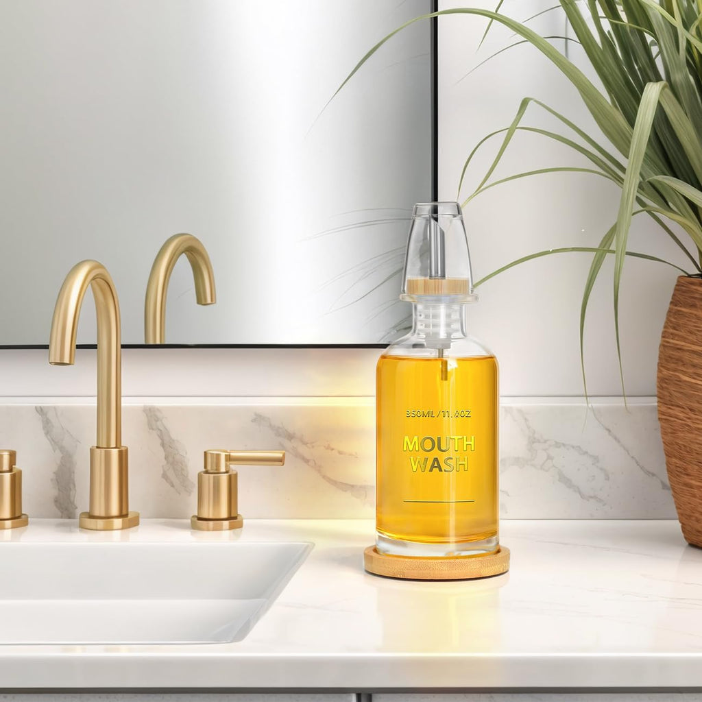 Mouthwash Dispenser for Bathroom 11.8oz – Clear Glass Mouthwash Bottle with Bamboo Tray, Silicone Base, Gold Hot-Stamped Lettering, Refillable Mouthwash Container for Bathroom (Clear)