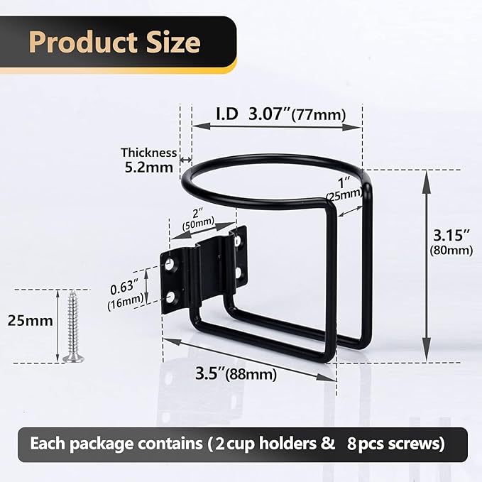 Marinebaby 2 pcs Boat Cup Holder,Stainless Steel Universal Drink Holders,Suitable for Boat,Truck,RV,Tractor,Outdoor Wooden Swing. (Black)