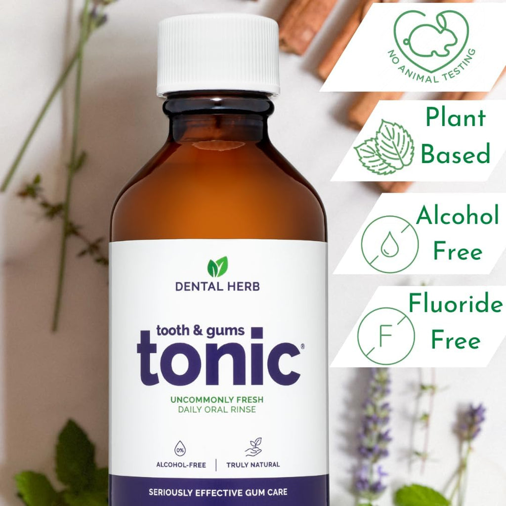 Tooth & Gums Tonic Herbal Oral Rinse with Essential Oils | Alcohol-Free, Fluoride-Free Mouthwash | Plant-Based Oral Care | Soothe Gums & Freshen Breath Naturally | by Dental Herb Company | (2) 18 oz.