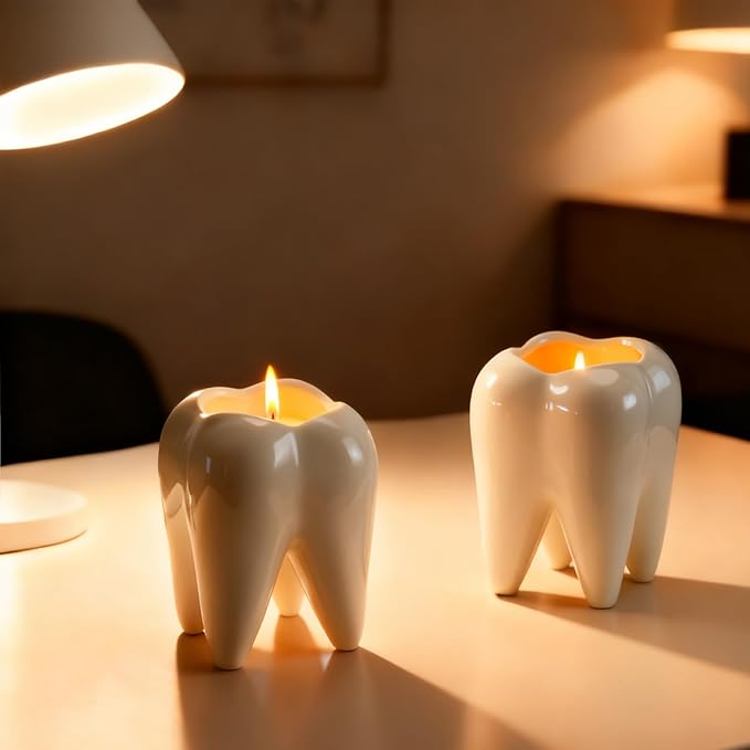 2 Pcs Ceramic Tooth Shaped Scented Candle Freesia Scent Aromatherapy Candle for Dentist 2.7 x 3.9 Inch Long-Lasting Natural Soy Wax for Dentist Clinic Desk Supplies Dental Gifts