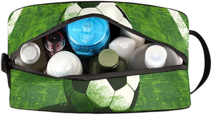 Green Grass Field Soccer Boys Travel Toiletry Bag Waterproof Wash Bag Shower Shaving Bag Cosmetic Organizer Makeup Bag Portable Toiletries Accessories for Women Men Sport Ball